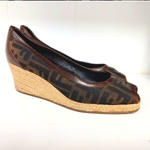 Fendi Zucca 38 monogram canvas leather wedge espadrilles open toe shoes heels 8